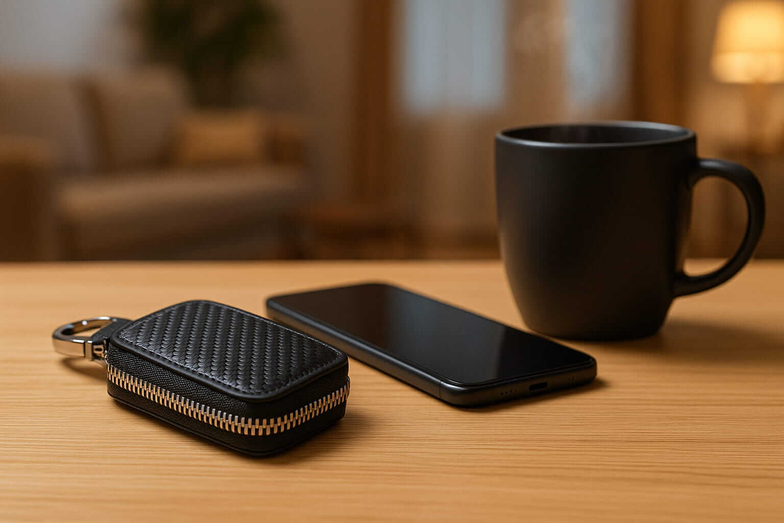 Funda Faraday negra con textura de fibra de carbono sobre una mesa junto a un smartphone y una taza de café en un ambiente hogareño