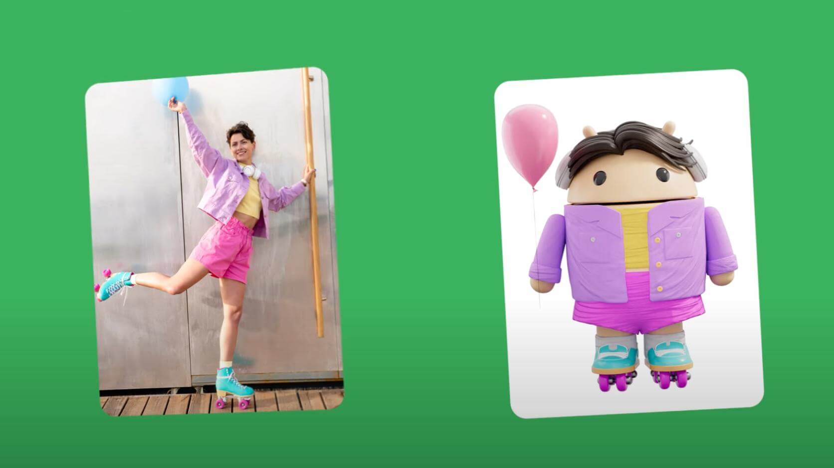 Persona sonriente con patines de colores, ropa rosa y morada, sosteniendo un globo azul, junto a un bot de Androidify que replica su estilo con un globo rosado