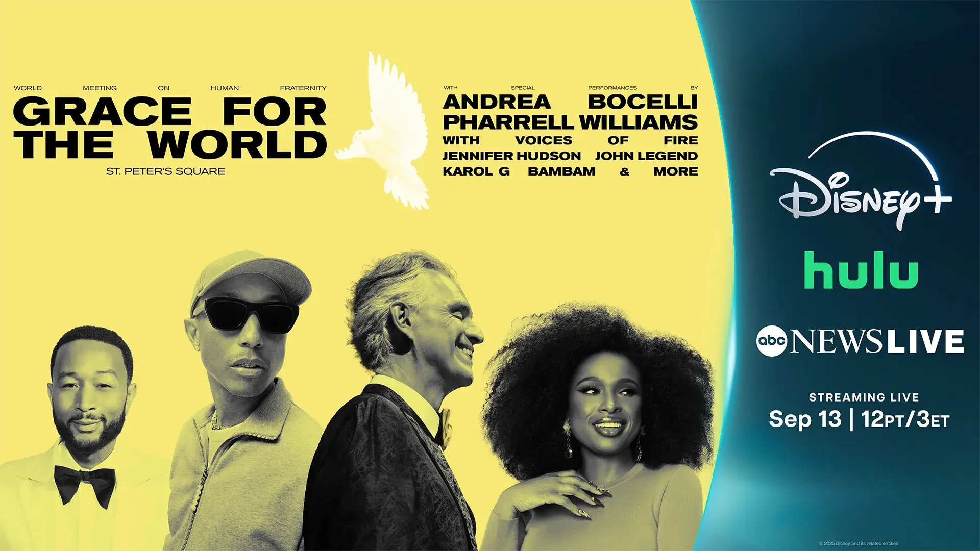 Cartel promocional del Concierto en el Vaticano Grace for the World, con imágenes de John Legend, Pharrell Williams, Andrea Bocelli y Jennifer Hudson, junto a los logos de Disney+, Hulu y ABC News Live