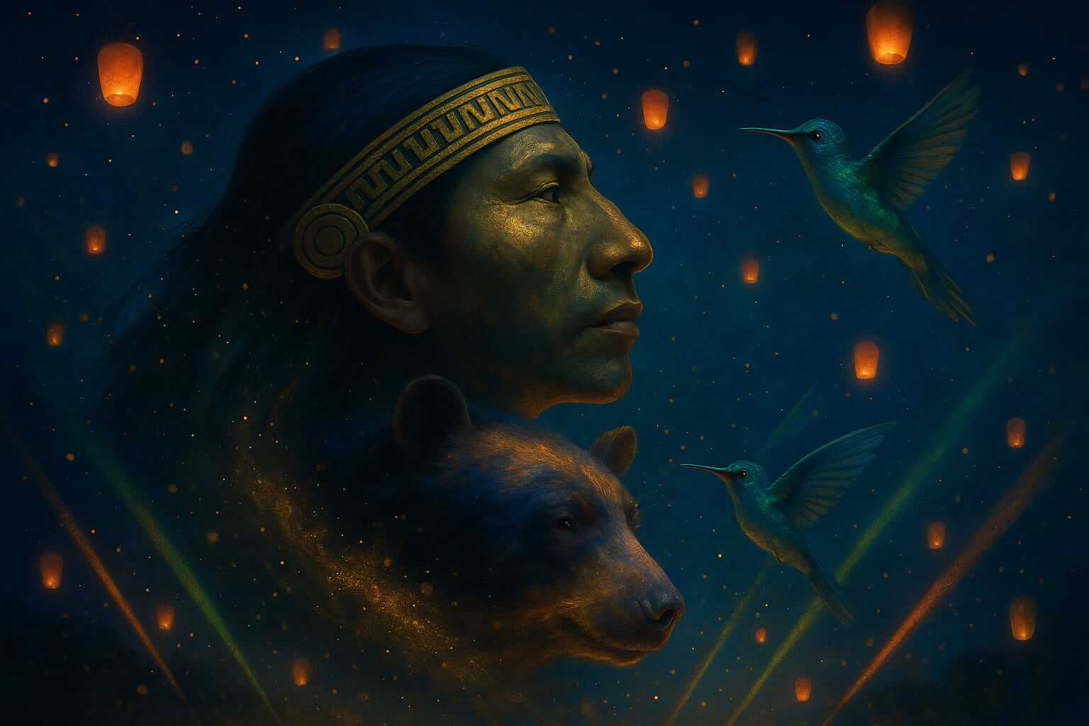Ilustración artística del Festival de El Dorado Guatavita 2025: perfil de un líder muisca con tocado dorado, acompañado de un oso andino y colibríes en un cielo azul profundo iluminado por linternas y destellos de colores, simbolizando la magia del festival de luces
