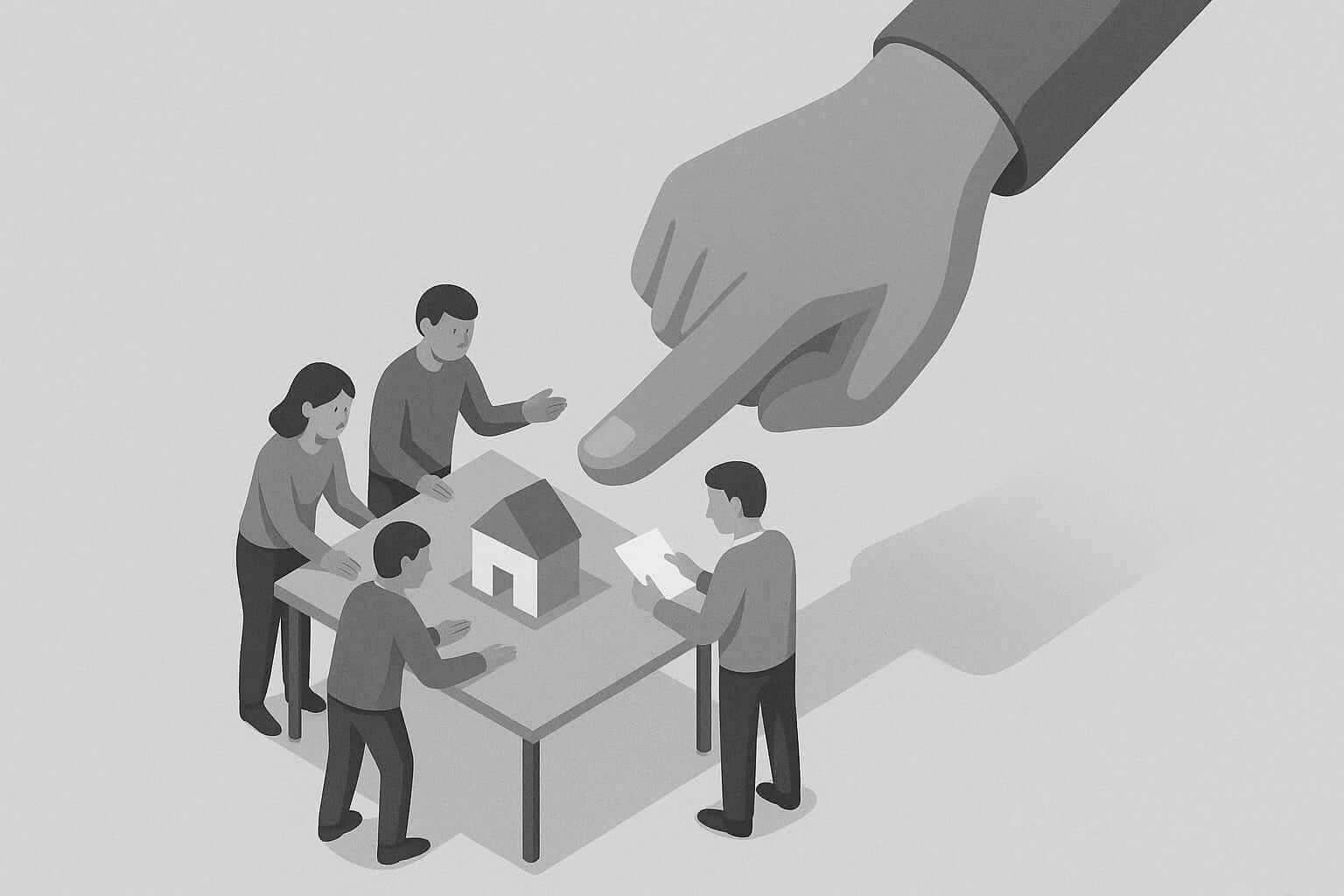 Ilustración isométrica en escala de grises que muestra a cuatro personas trabajando juntas en una mesa, construyendo un proyecto, mientras una gran mano señaladora desciende desde arriba apuntando hacia ellas, simbolizando la crítica por costumbre