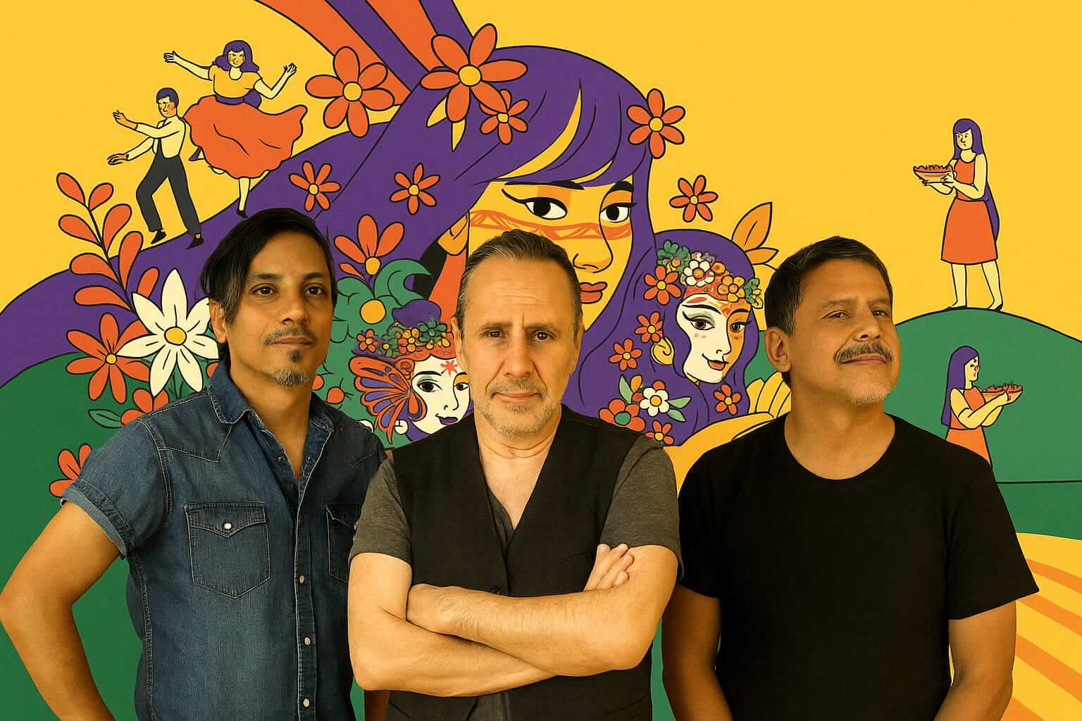 Los Prisioneros en Tocancipá frente a un mural colorido con flores y figuras del Festival de la Colombianidad