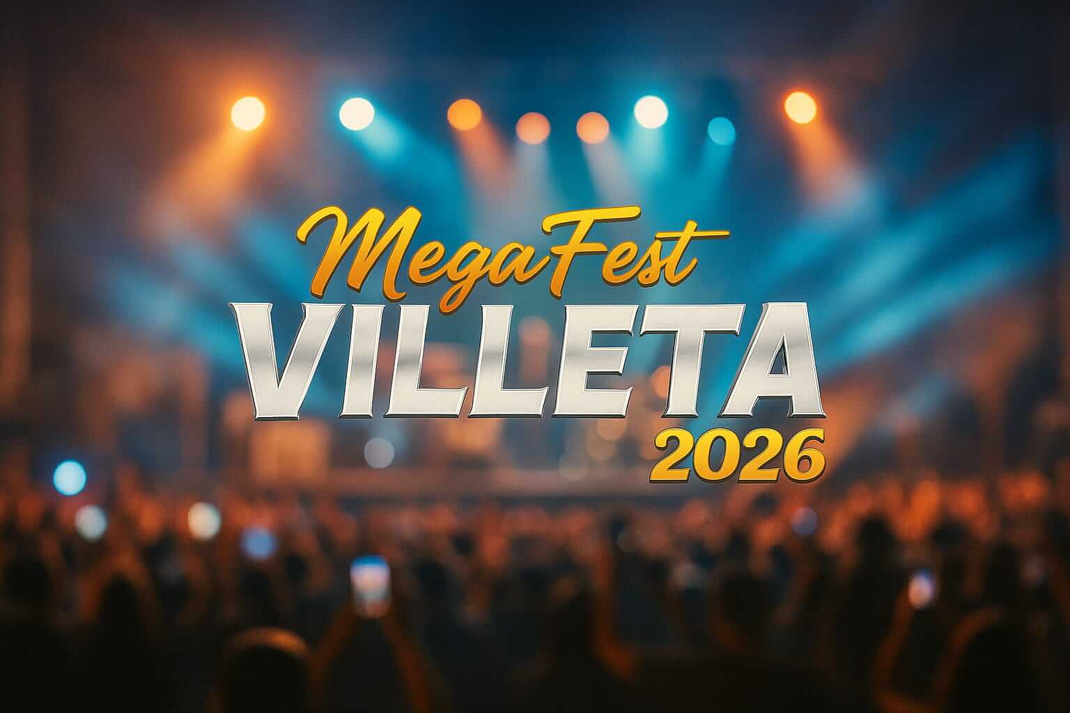 Logo del Megafest Villeta 2026 en primer plano sobre un fondo desenfocado de concierto nocturno con luces de colores y público con celulares encendidos