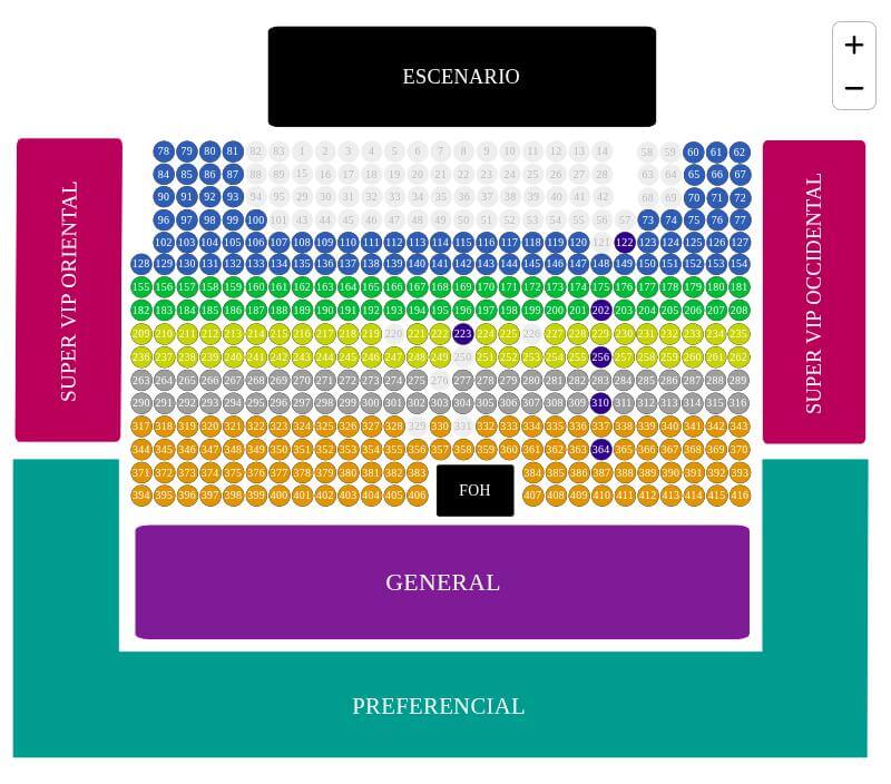Mapa de localidades del Megafest Villeta 2026 con distribución frente al escenario: palcos, sectores Súper VIP, zona General y zona Preferencial.