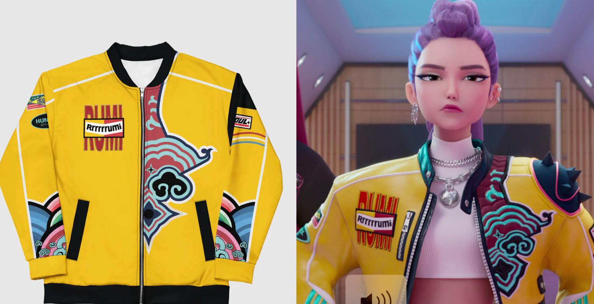 Chaqueta amarilla de Rumi de KPop Demon Hunters en Netflix Shop junto a la versión animada de Rumi usándola en la película, destacando los detalles coloridos y el diseño icónico