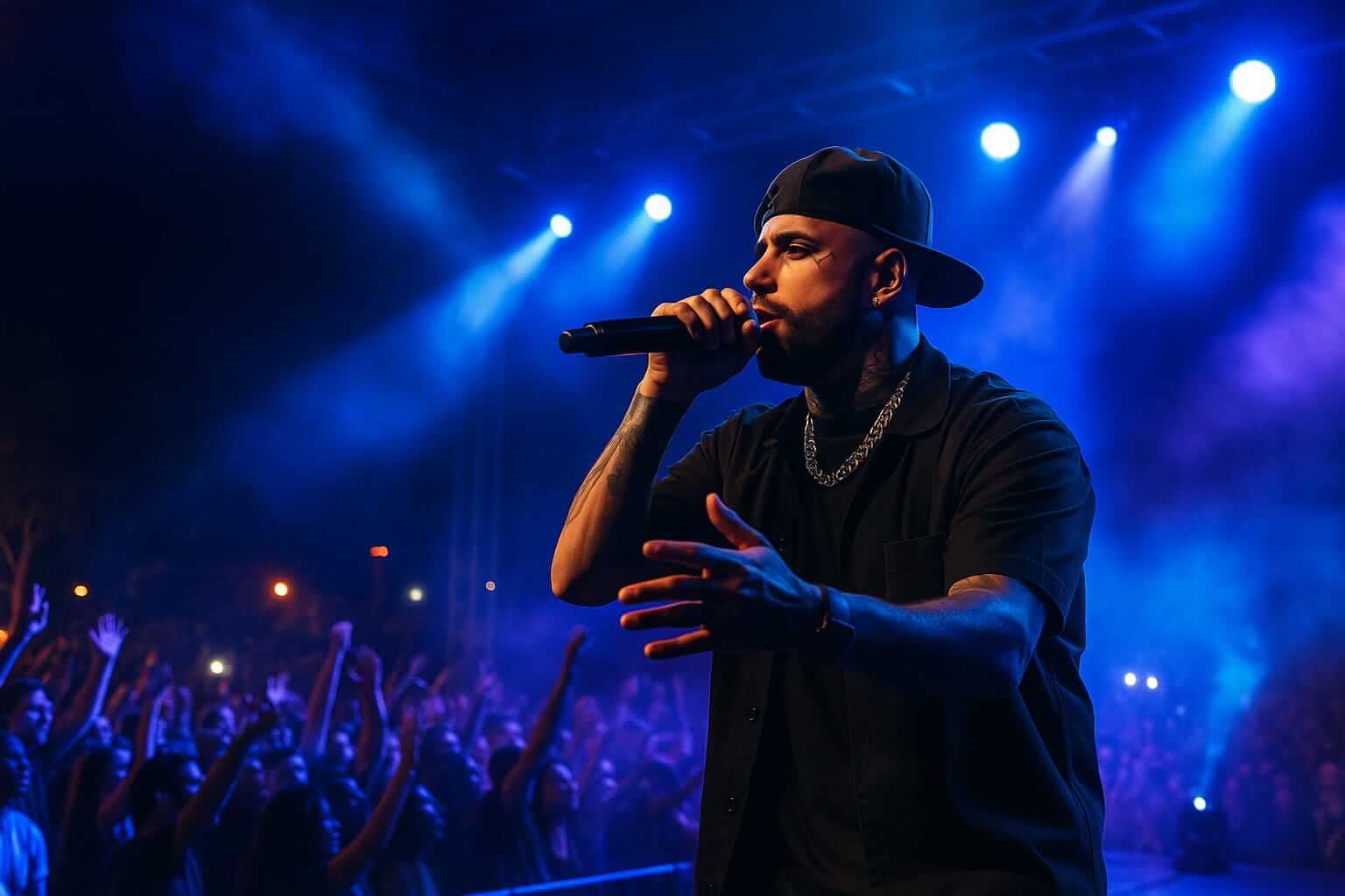 Escenario iluminado con Nicky Jam en Tocancipá durante el Súper Concierto de la Colombianidad, rodeado de público y luces vibrantes