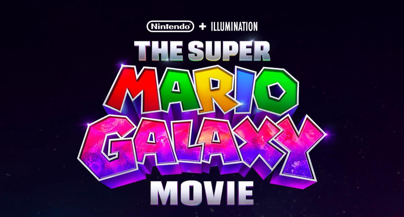 Logo oficial de The Super Mario Galaxy Movie con colores brillantes y fondo espacial, representando el anuncio de Nintendo e Illumination