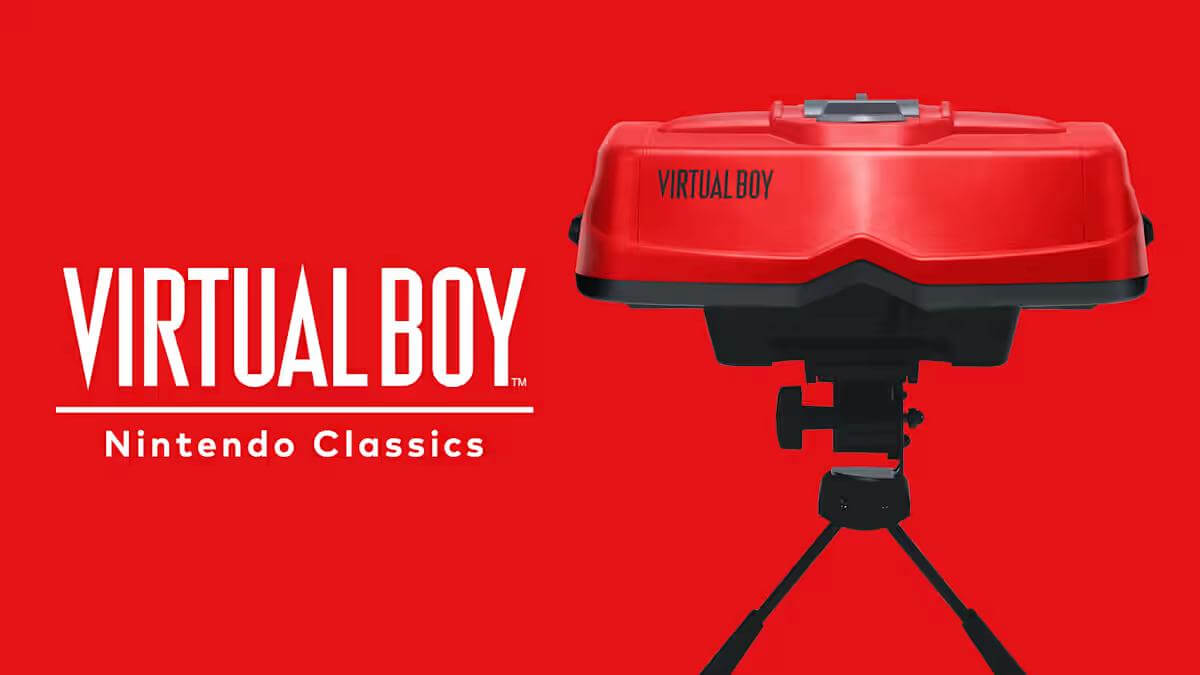 Accesorio Virtual Boy en Nintendo Switch, réplica en color rojo con visores frontales, montado sobre un soporte negro, recreando el diseño clásico de los años noventa