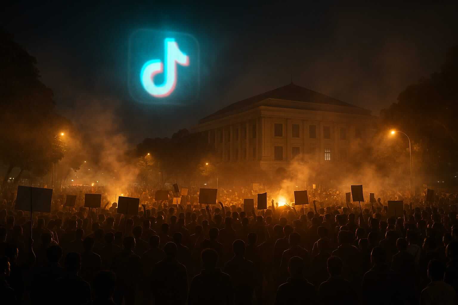 Multitudinaria protesta nocturna en Yakarta con humo y carteles frente a un edificio gubernamental, mientras un símbolo luminoso de TikTok aparece en el cielo, representando la suspensión de TikTok en Indonesia.
