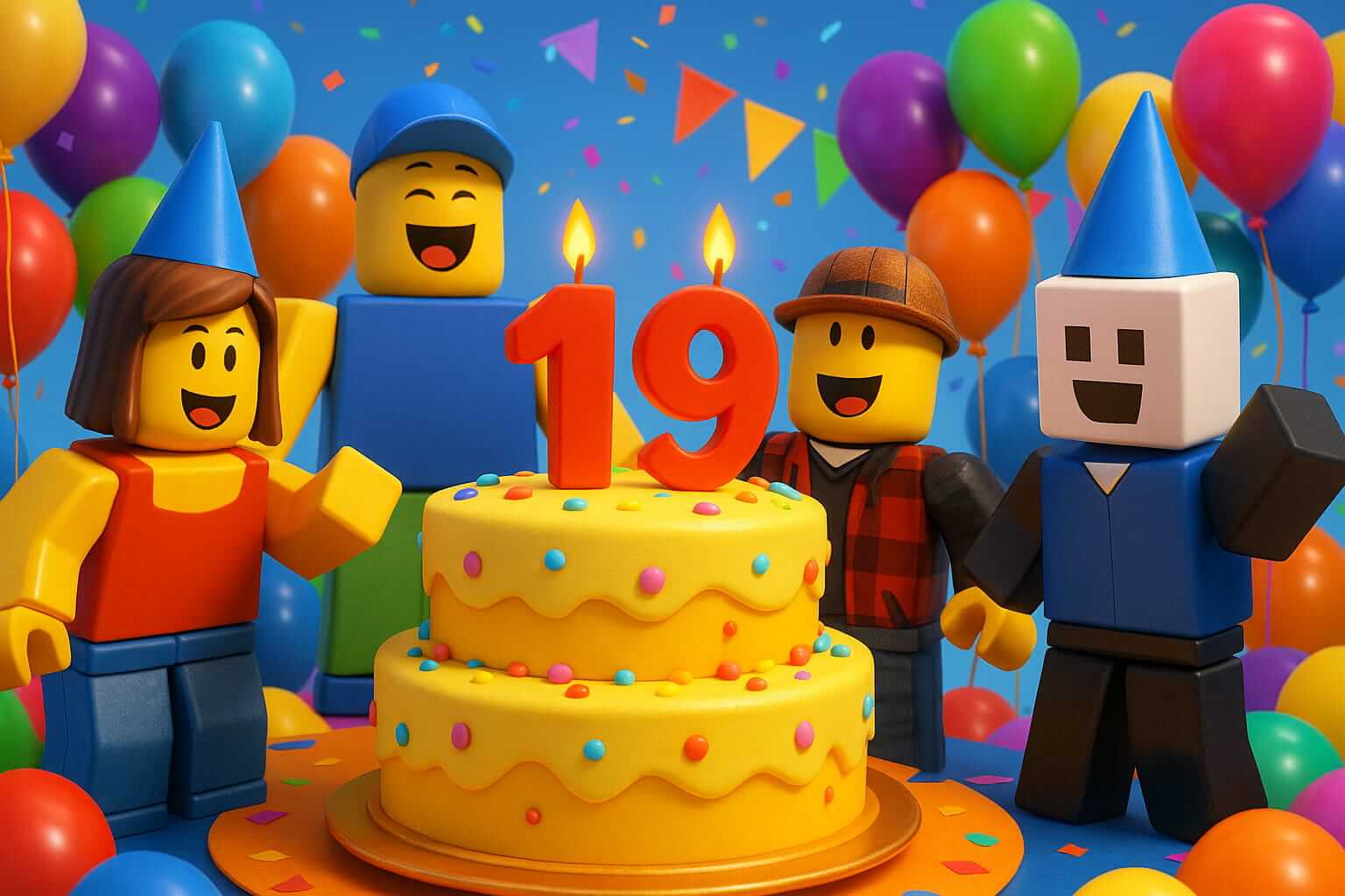 Avatares en estilo Roblox celebran el cumpleaños número 19 con un gran pastel amarillo, globos de colores y decoración festiva — 19 años de Roblox
