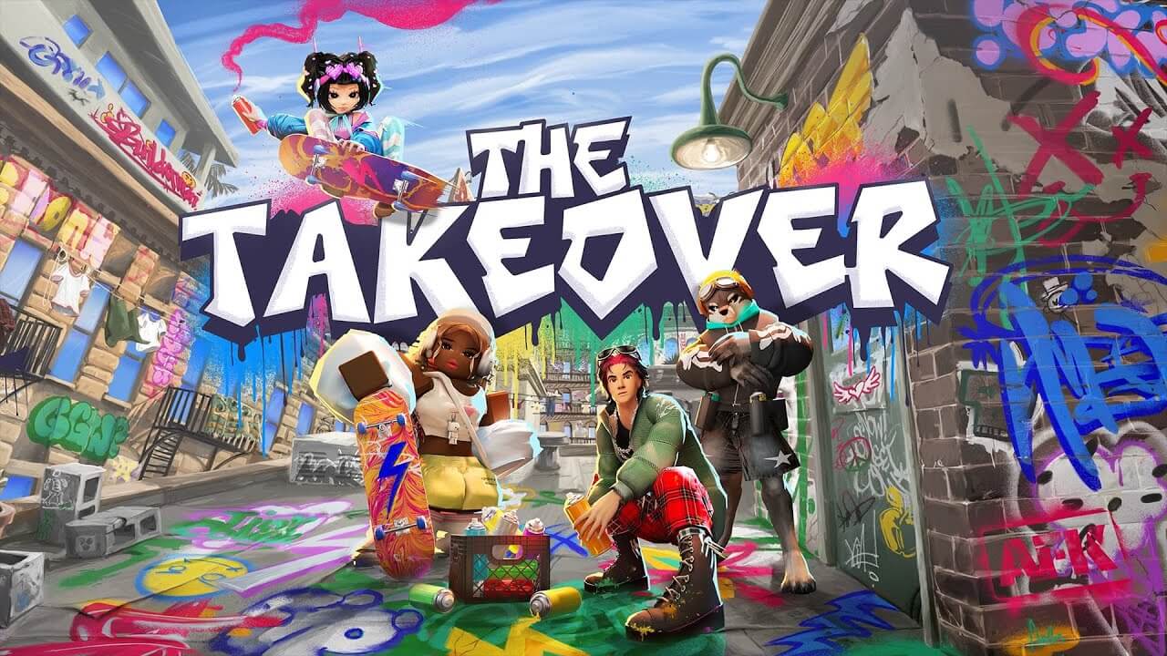 Ilustración oficial de The Takeover en Roblox, con cuatro avatares sobre un fondo urbano lleno de grafitis y colores, representando el espíritu del evento multijugador