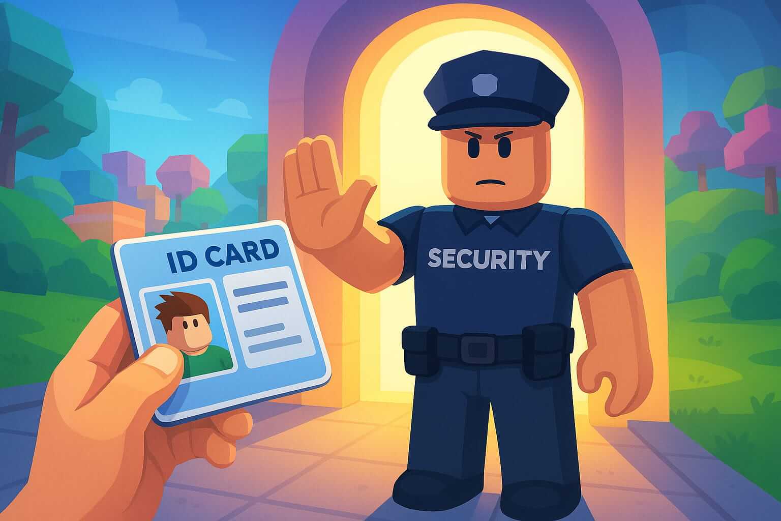 Ilustración en primera persona de un avatar de Roblox mostrando su documento de identidad a un guardia de seguridad con estilo Roblox, que levanta la mano para detener el acceso en la entrada luminosa de un mundo virtual. Representa el proceso de verificación de edad en Roblox.