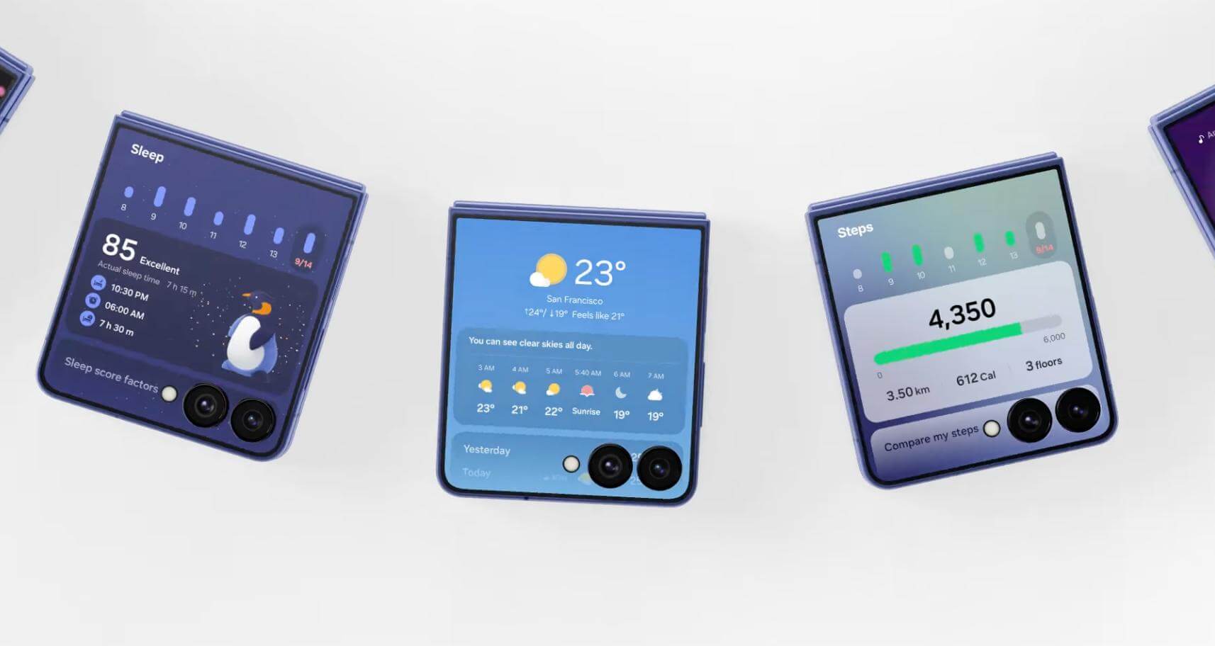 Pantallas externas de un Galaxy Z Flip mostrando funciones de One UI 8: control del sueño, clima en San Francisco y contador de pasos