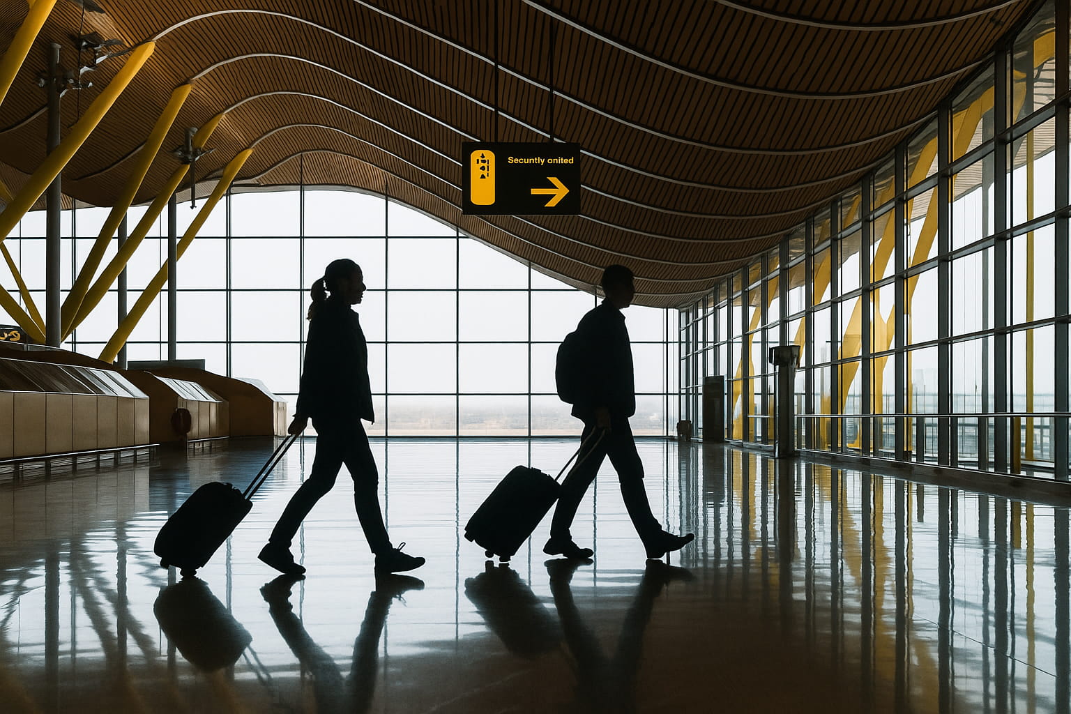 Siluetas de dos viajeros caminando con maletas en un aeropuerto moderno hacia el control de seguridad, en el marco del registro biométrico para ingresar a Europa