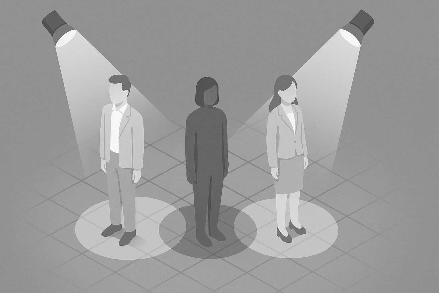 Ilustración isométrica en escala de grises de tres figuras humanas en fila; las de los extremos iluminadas por reflectores y la del centro en sombras, representando el síndrome de la hija del medio en el trabajo