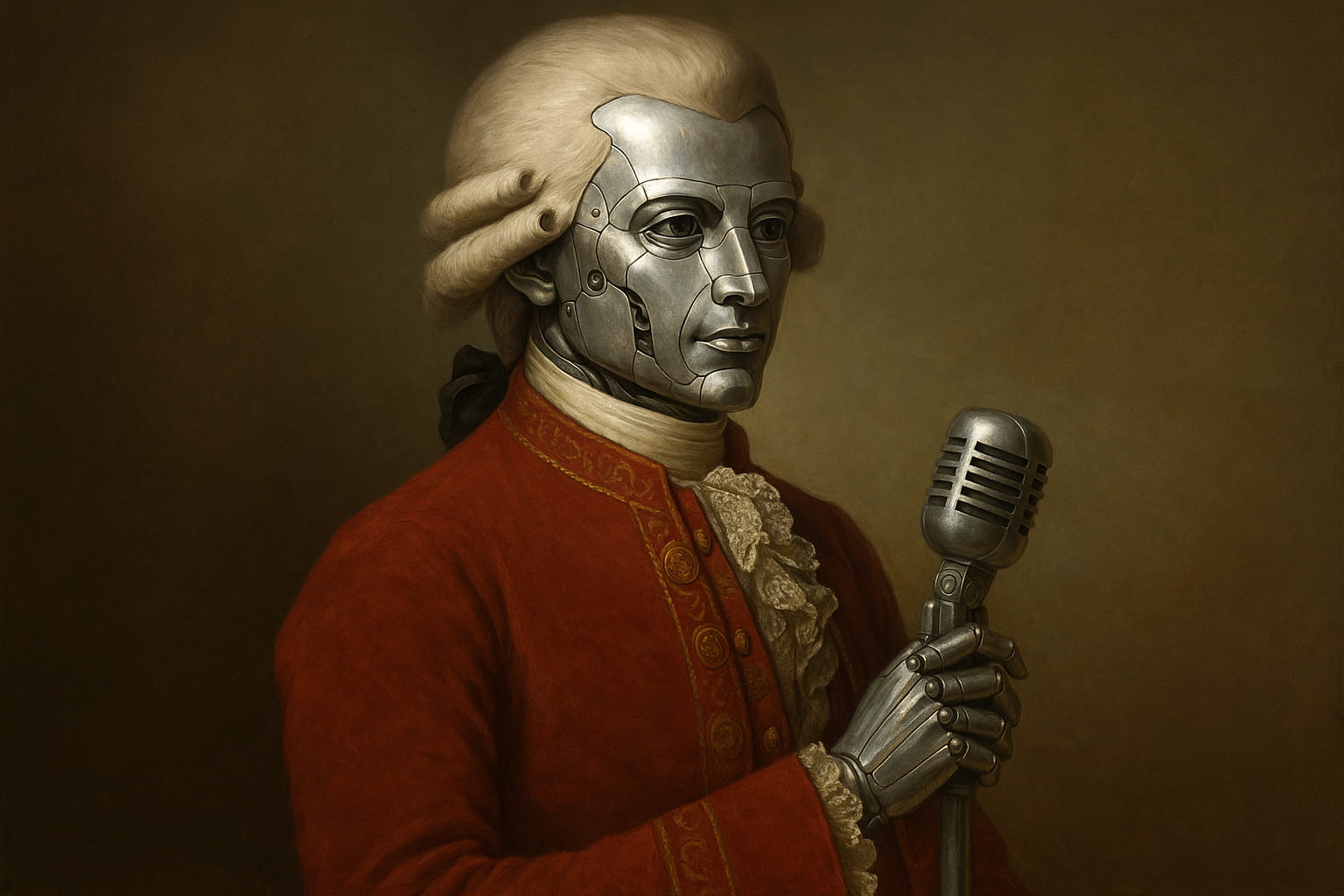 Retrato editorial de Mozart con rostro y manos robóticas, vestido con casaca roja del siglo XVIII y sosteniendo un micrófono, representando Spotify contra la música creada con IA