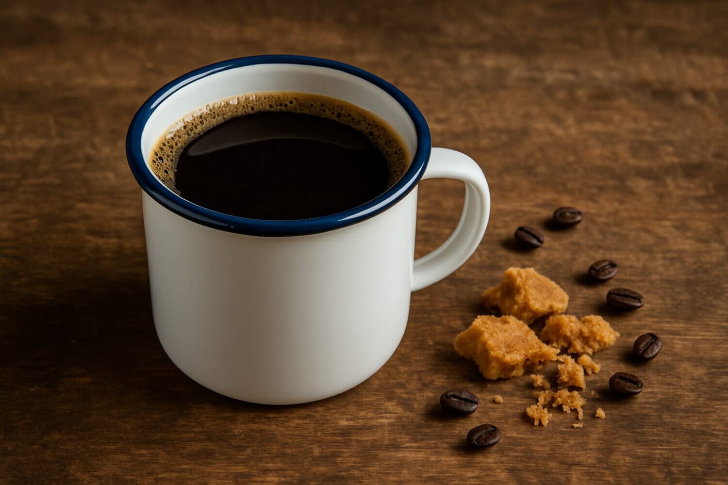 Una taza de peltre blanca con borde azul servida con café oscuro y acompañada de pedacitos de panela semi molida y granos de café sobre mesa de madera — diferencia entre tinto campesino y tinto montañero