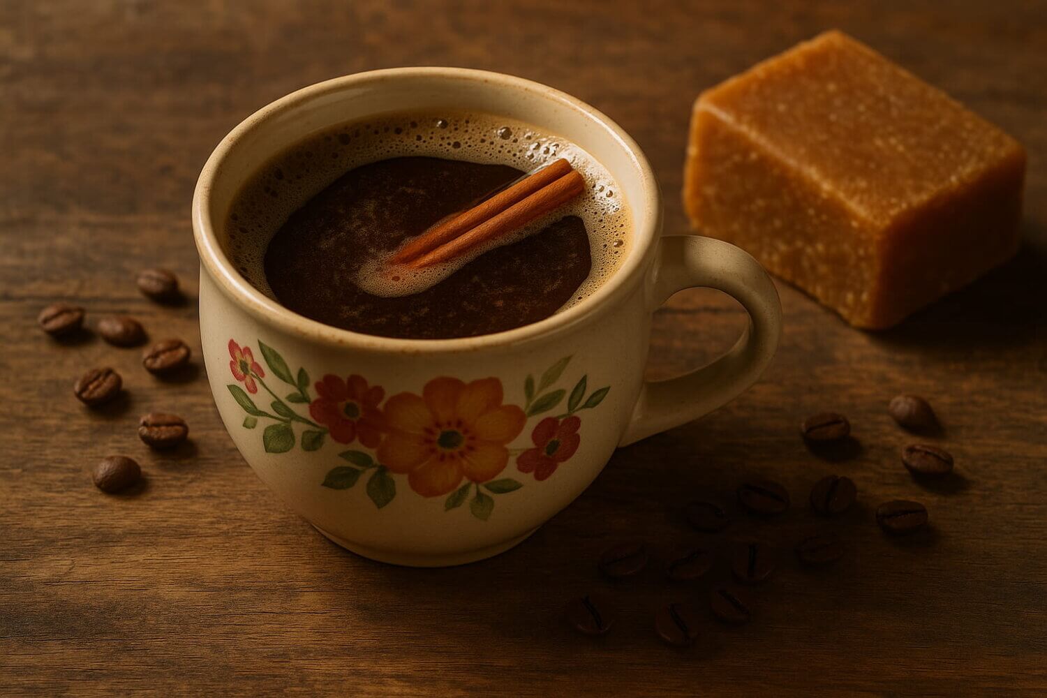 Una taza de loza decorada con flores servida con café espumoso y un palito de canela flotando, acompañada de clavos de olor, panela y granos de café sobre mesa de madera — diferencia entre tinto campesino y tinto montañero