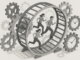 Ilustración isométrica en escala de grises que muestra a tres personas corriendo dentro de una rueda de hámster rodeada de engranajes y relojes, simbolizando cómo la eficiencia puede convertirse en una carrera sin fin que aleja de lo importante