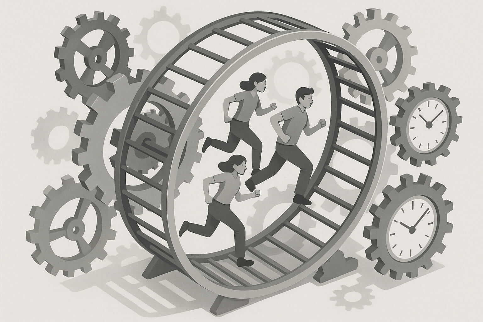 Ilustración isométrica en escala de grises que muestra a tres personas corriendo dentro de una rueda de hámster rodeada de engranajes y relojes, simbolizando cómo la eficiencia puede convertirse en una carrera sin fin que aleja de lo importante