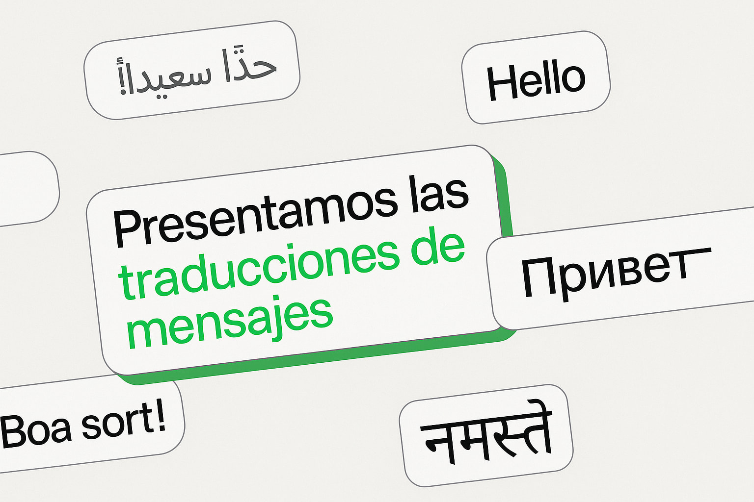Burbujas de chat estilo WhatsApp en diferentes idiomas, representando la traducción de mensajes en WhatsApp