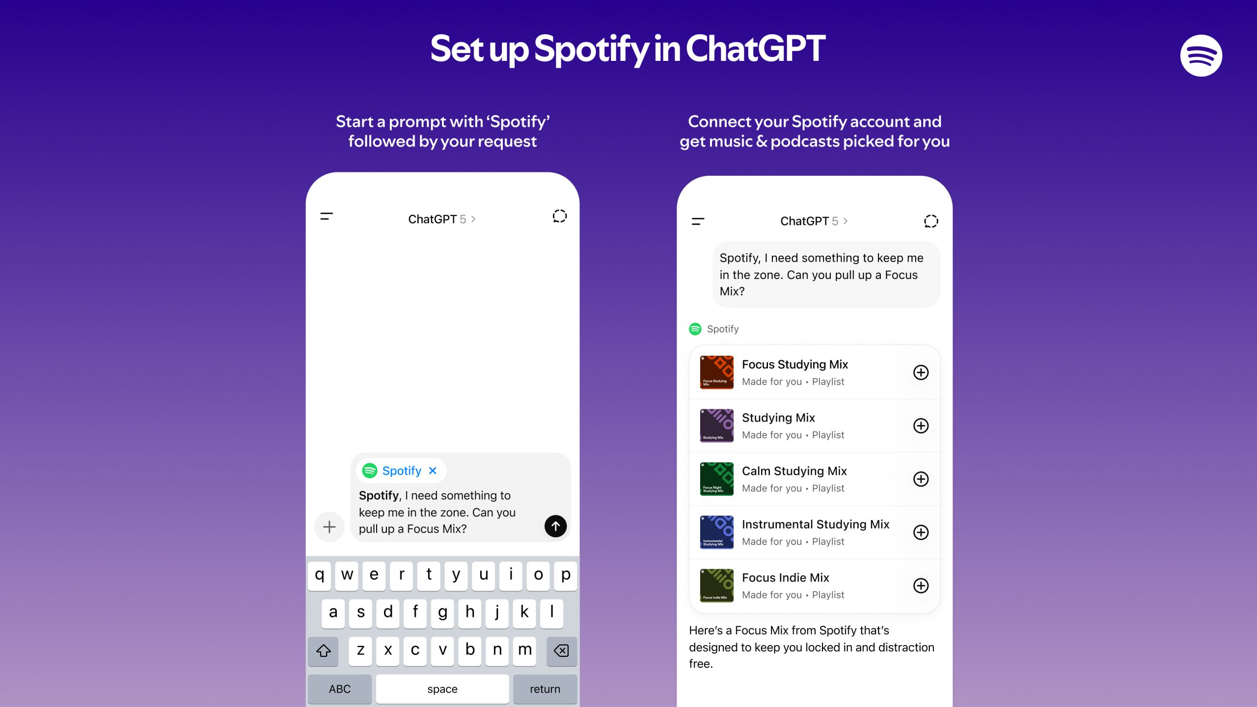 Captura de pantalla que muestra cómo configurar Spotify en ChatGPT, con dos teléfonos que ilustran el proceso: a la izquierda, el usuario escribe un mensaje solicitando una lista de reproducción; a la derecha, se visualizan los resultados con varias playlists sugeridas por Spotify en la conversación