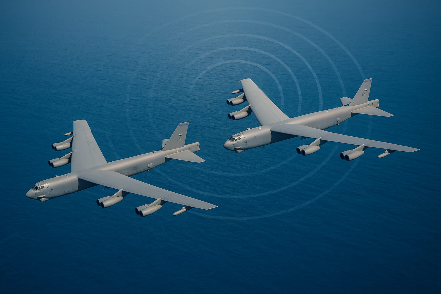 Dos bombarderos B-52H de la Fuerza Aérea de Estados Unidos sobrevuelan el mar Caribe en formación, vistos desde un dron, con líneas de radar visibles en el cielo. Representa las aeronaves más monitoreadas del mundo