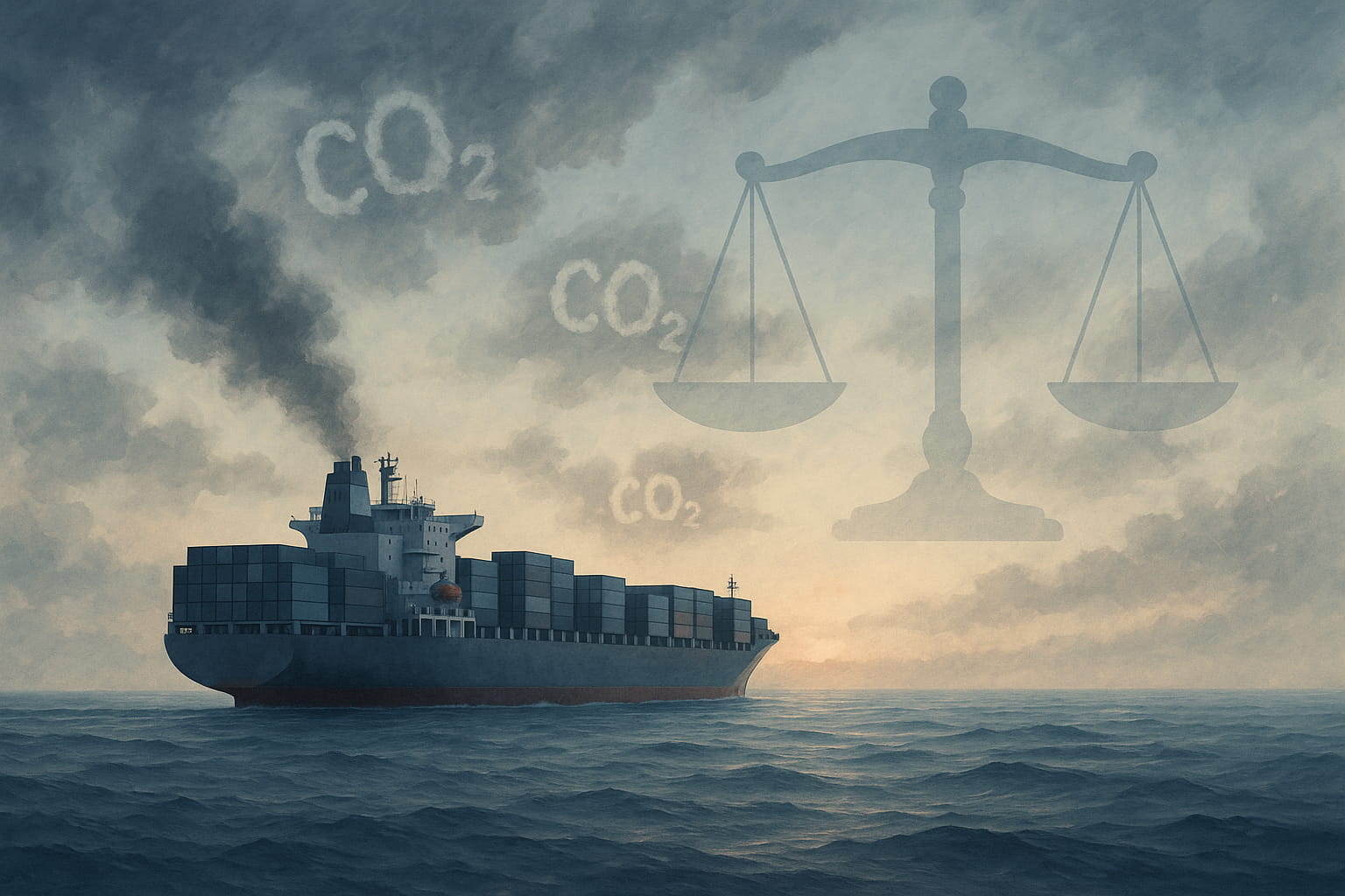 Barco mercante navegando en mar abierto bajo un cielo gris con nubes que forman las siglas CO₂ y una balanza de justicia semitransparente al fondo, simbolizando el debate mundial sobre el impuesto global al carbono
