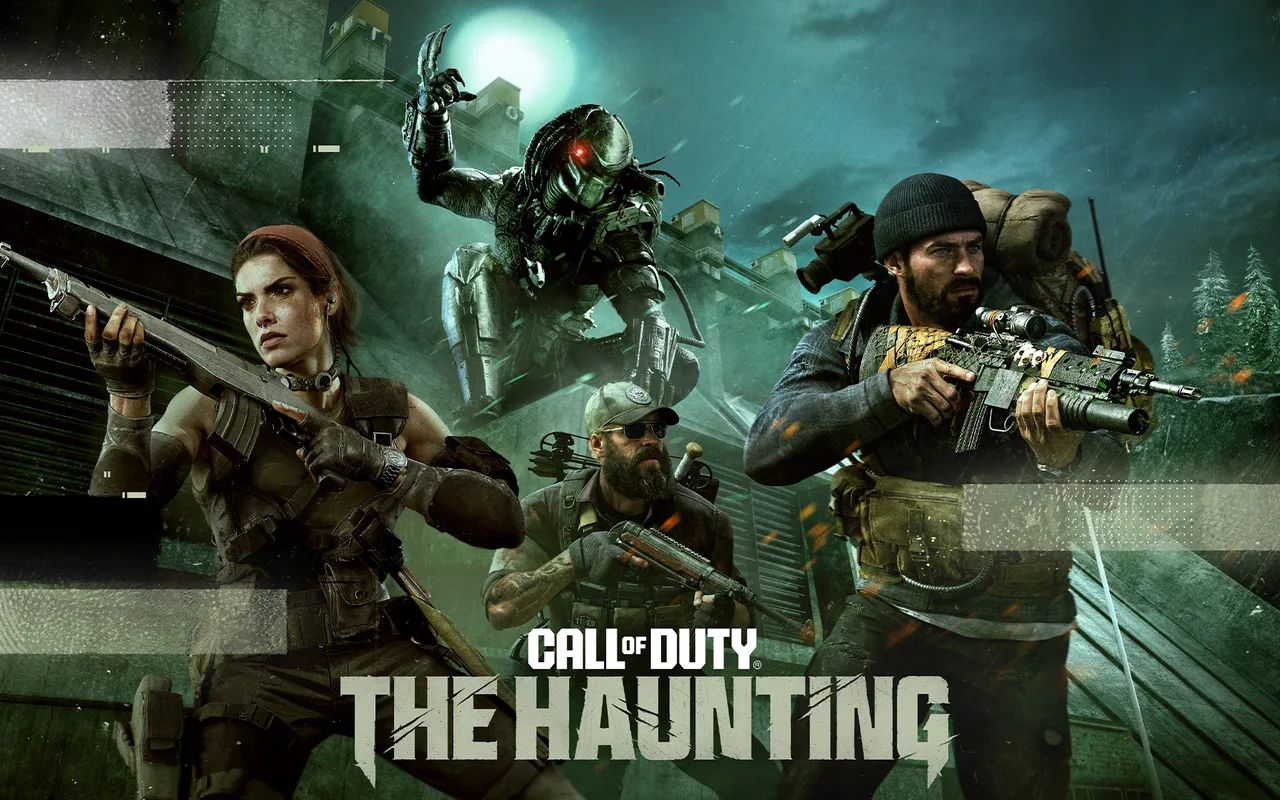 Escena promocional de The Haunting en Call of Duty, mostrando a tres soldados armados listos para el combate mientras un Predator salta desde un edificio bajo una luna llena y un cielo verde neblinoso, evocando el ambiente de terror del evento