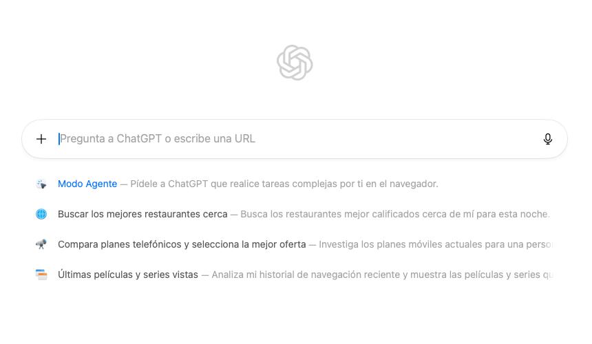 Interfaz principal del navegador de ChatGPT mostrando el campo de búsqueda y el modo agente