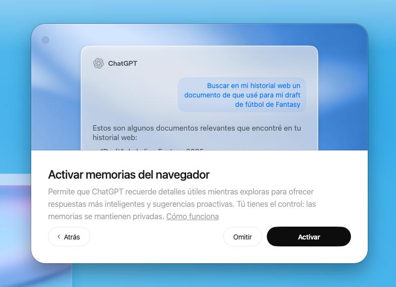 Ventana del navegador de ChatGPT mostrando la función de activar memorias del navegador para mejorar respuestas