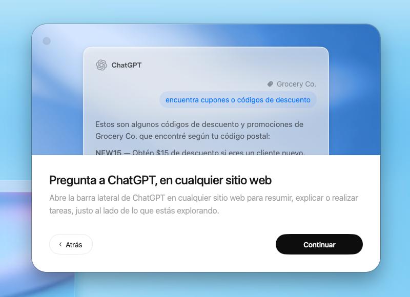 Panel del navegador de ChatGPT que permite hacer preguntas desde cualquier sitio web