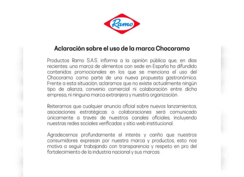 Comunicado oficial de Ramo sobre el uso de la marca Chocoramo, con logotipo de la empresa en la parte superior y texto aclarando que no existe alianza con Frisby España