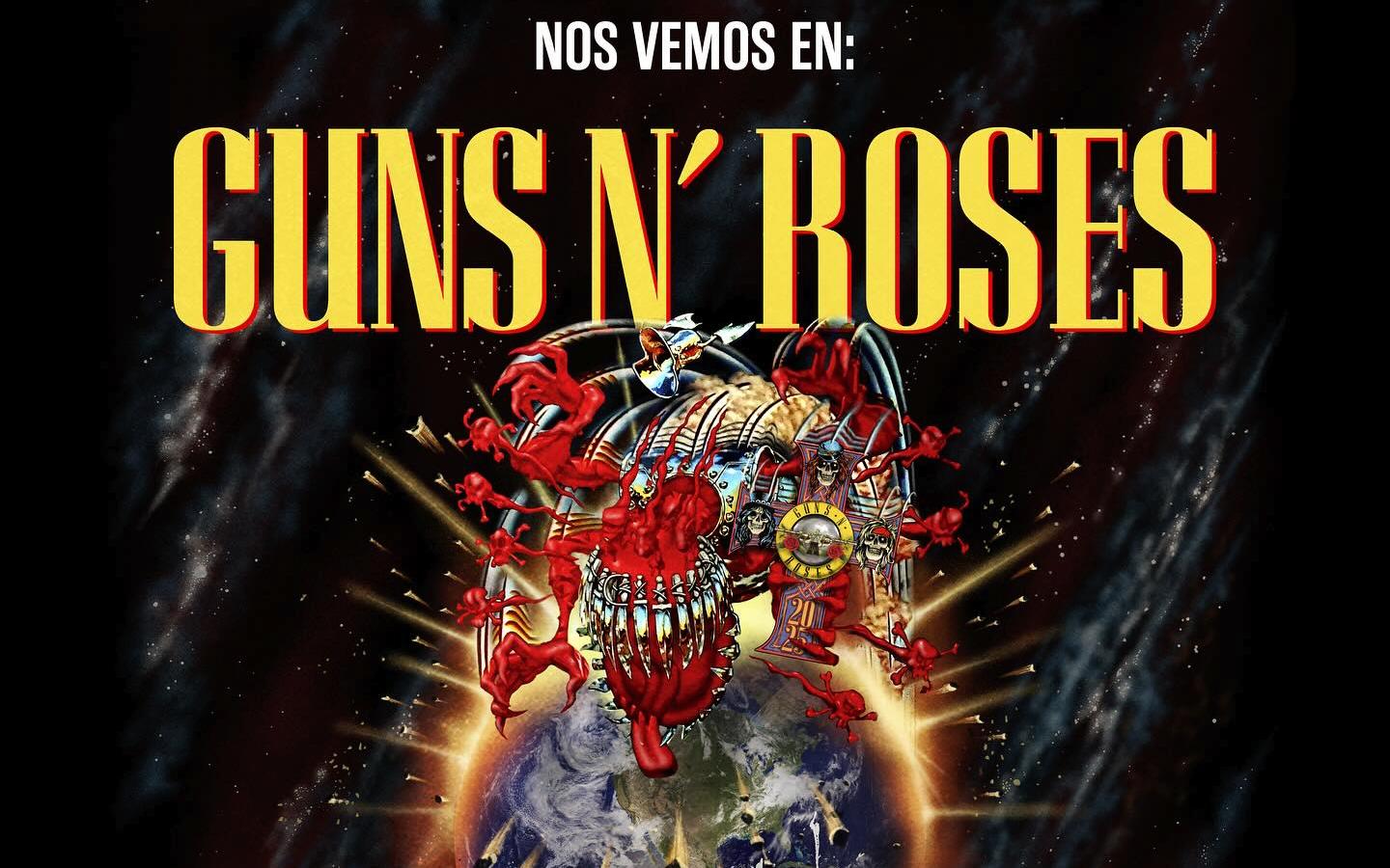Afiche oficial del concierto de Guns N’ Roses en Bogotá, con ilustración artística de la banda sobre el planeta Tierra y el texto “Nos vemos en: Guns N’ Roses”
