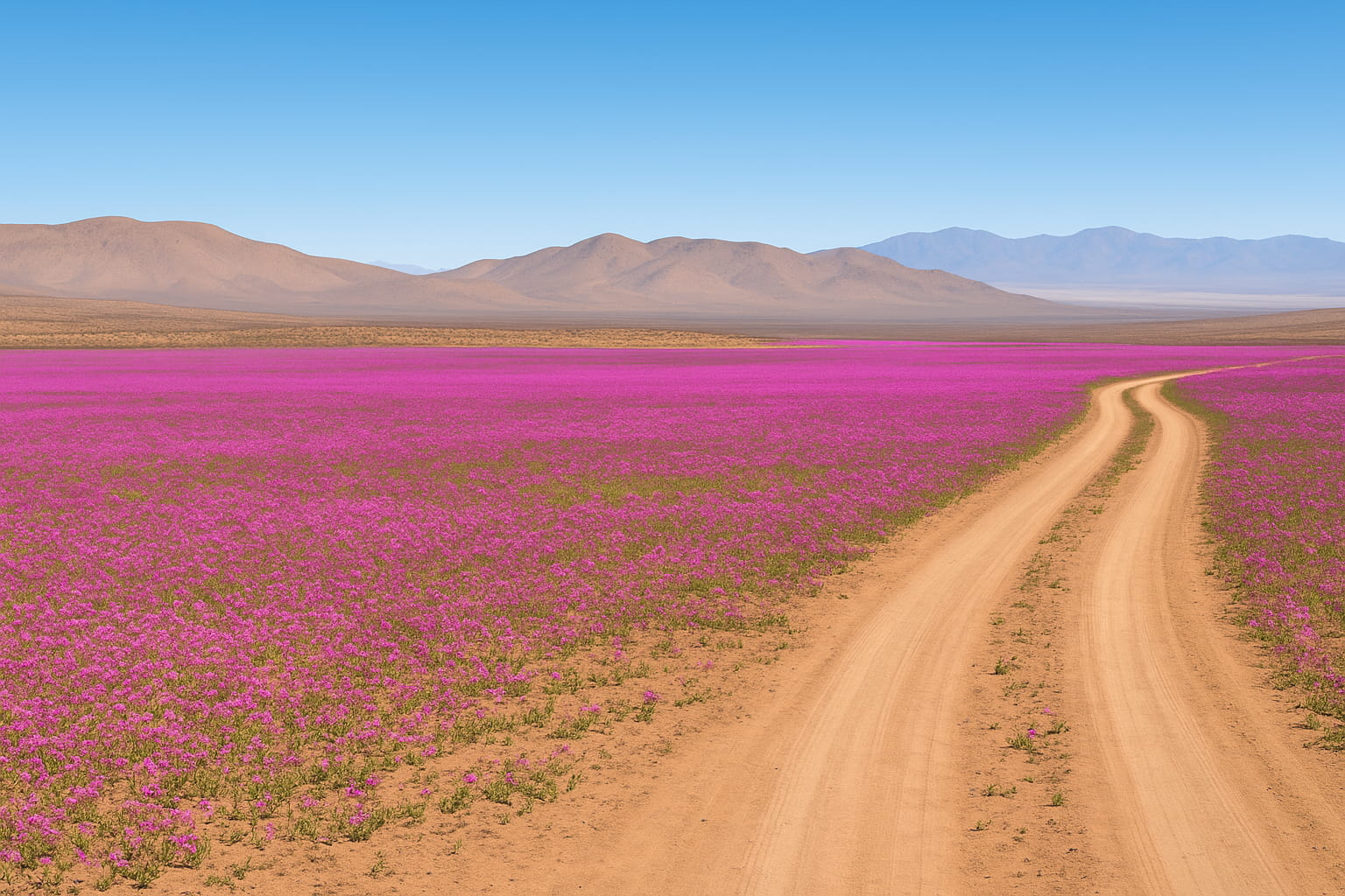 Camino de tierra atravesando un extenso campo de flores rosadas y lilas en el Desierto Florido de Atacama durante la primavera austral, bajo un cielo azul despejado