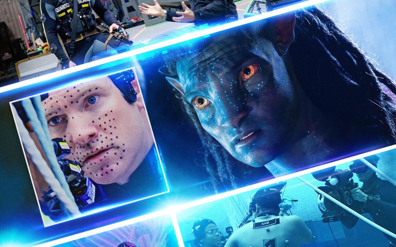 Escena del documental de Avatar mostrando a los actores en el set de captura de movimiento y su transformación digital en personajes Na’vi durante el rodaje bajo el agua