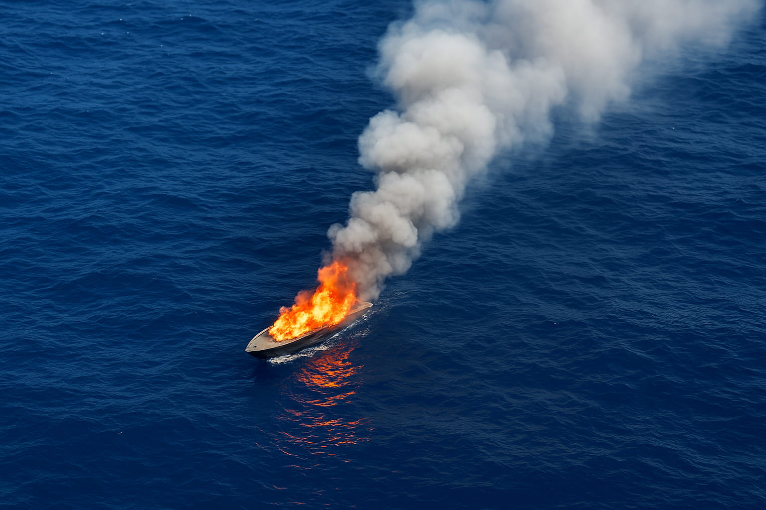 Estados Unidos destruye otra narcolancha: vista aérea de una lancha envuelta en llamas y humo blanco en medio del mar Caribe (IA)