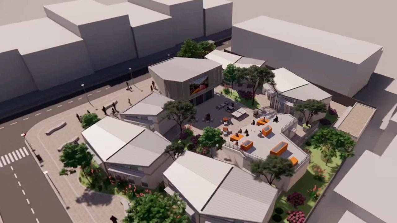 Render arquitectónico de la futura Facultad de Inteligencia Artificial en Zipaquirá, con edificios modernos, áreas verdes y espacios de integración comunitaria