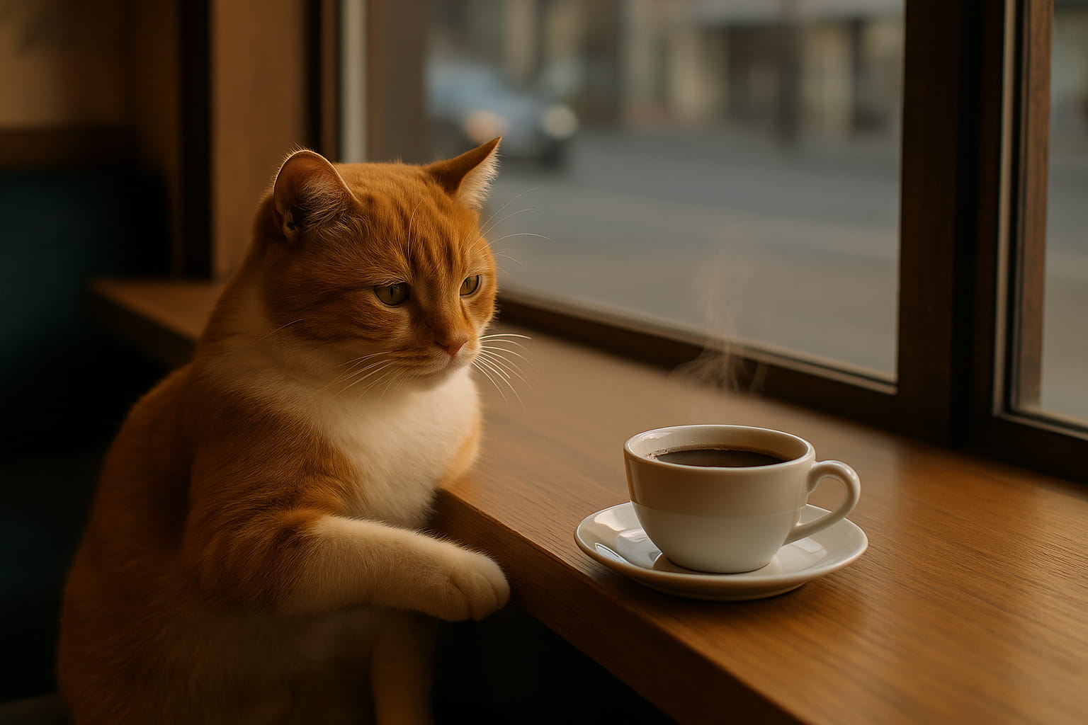 Gato sentado en una cafetería mirando una taza humeante esperando la temperatura ideal del café
