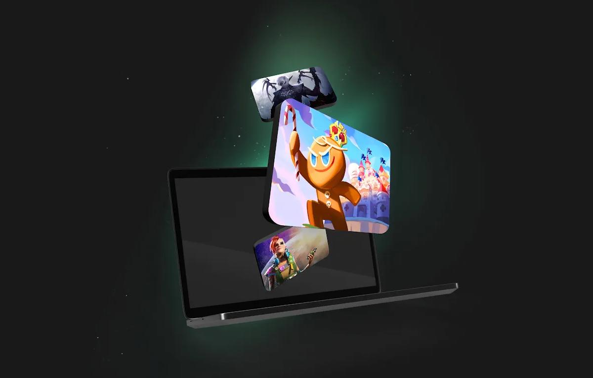 ilustración de una laptop con juegos móviles emergiendo de la pantalla, simbolizando cómo se pueden jugar juegos de Android en PC mediante Google Play Juegos