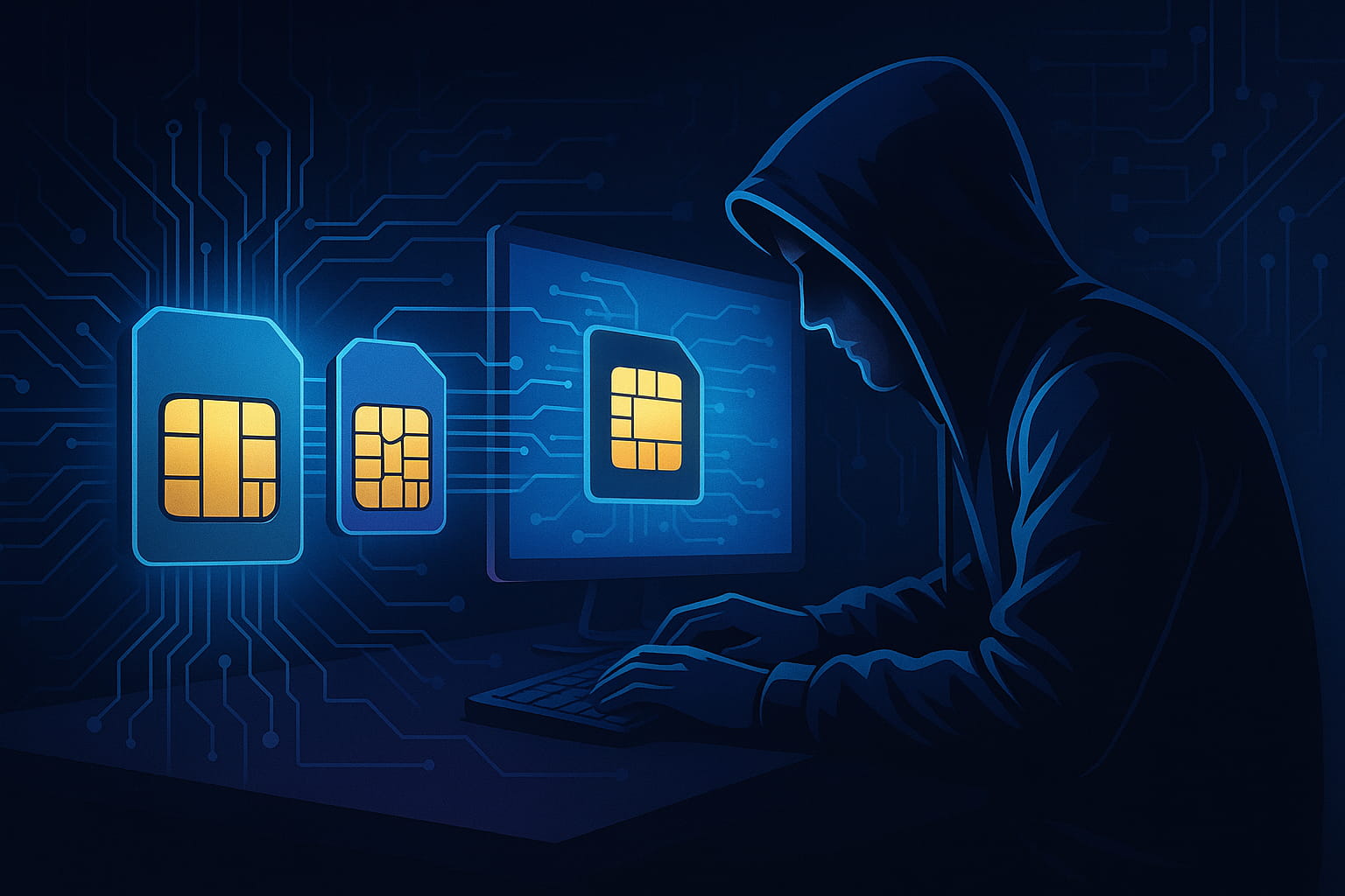 Imagen conceptual del SIM Swapping: una figura digital duplica una tarjeta SIM en un ambiente oscuro, simbolizando los fraudes por suplantación de identidad