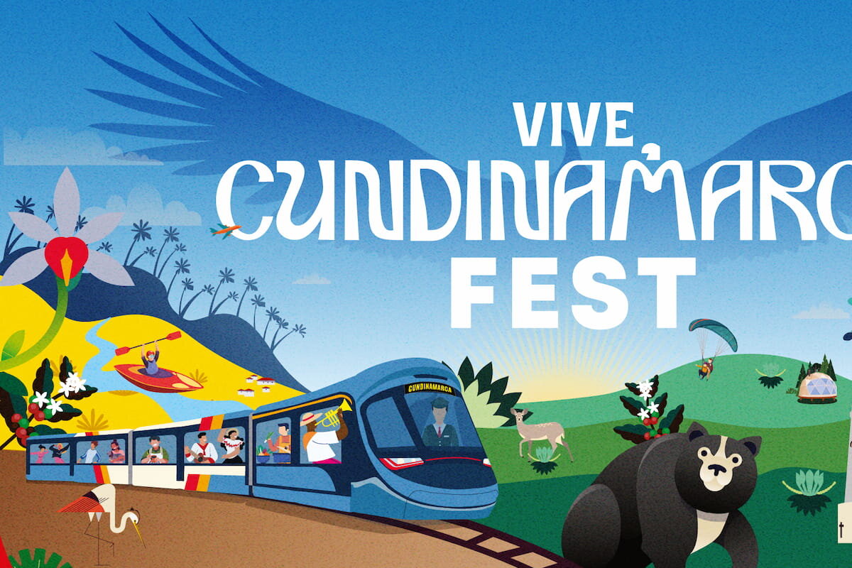 Ilustración colorida del Cundinamarca Fest 2025 con el tren turístico, el oso de anteojos, paisajes naturales y actividades como parapente y kayak, representando la cultura y biodiversidad del departamento