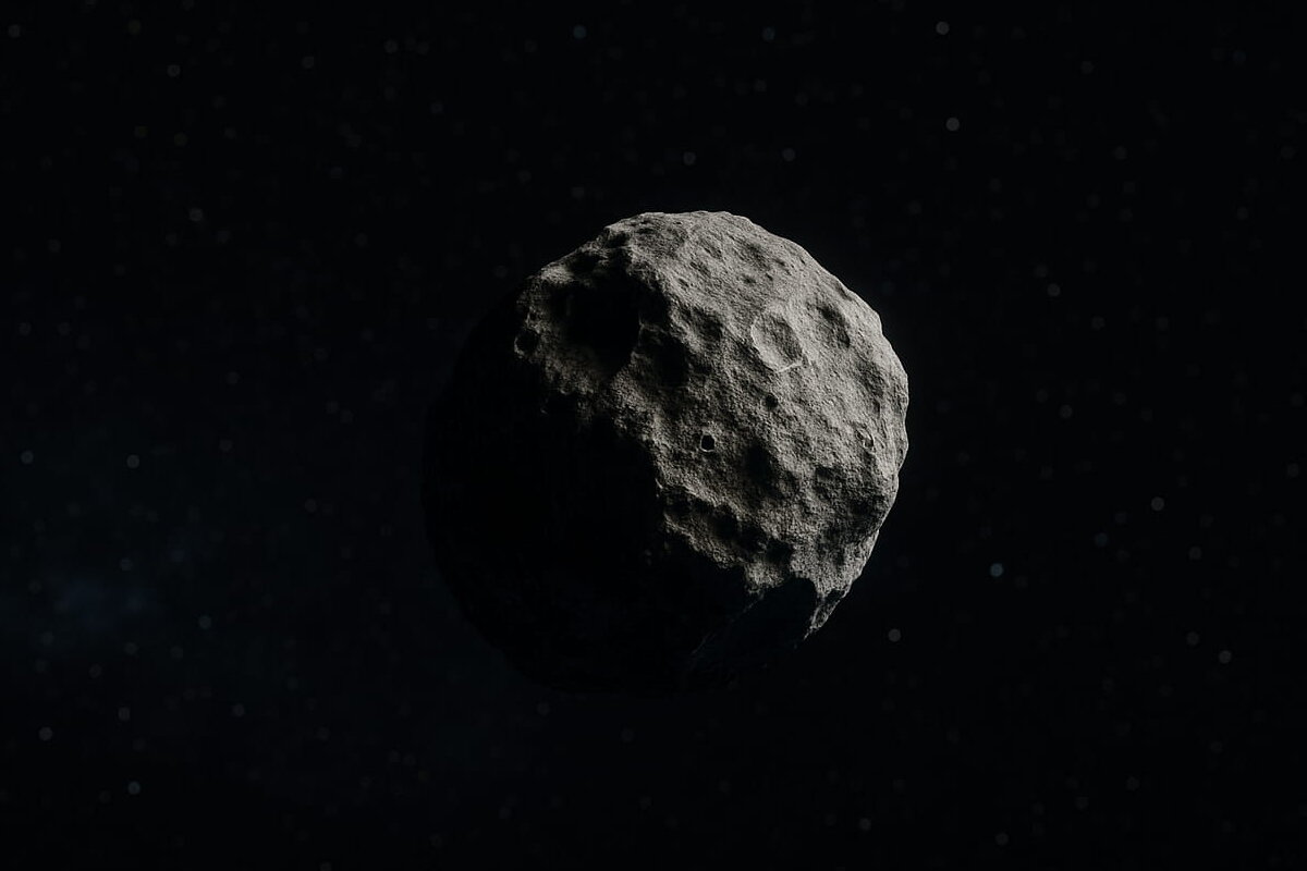 Imagen realista de la mini luna de la Tierra 2025 PN7, un asteroide rocoso flotando en el espacio con el universo estrellado de fondo