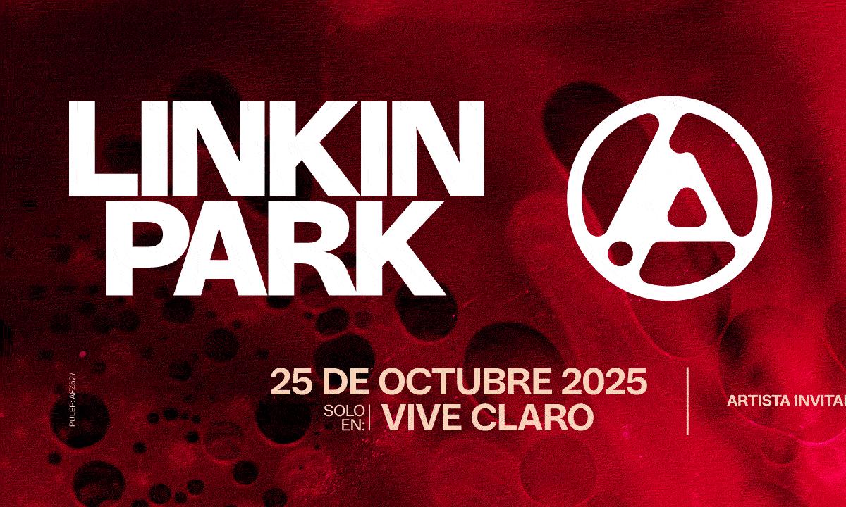 Afiche oficial en tonos rojos del concierto de Linkin Park en Bogotá, con la fecha 25 de octubre de 2025 y el logotipo circular de la banda sobre fondo abstracto