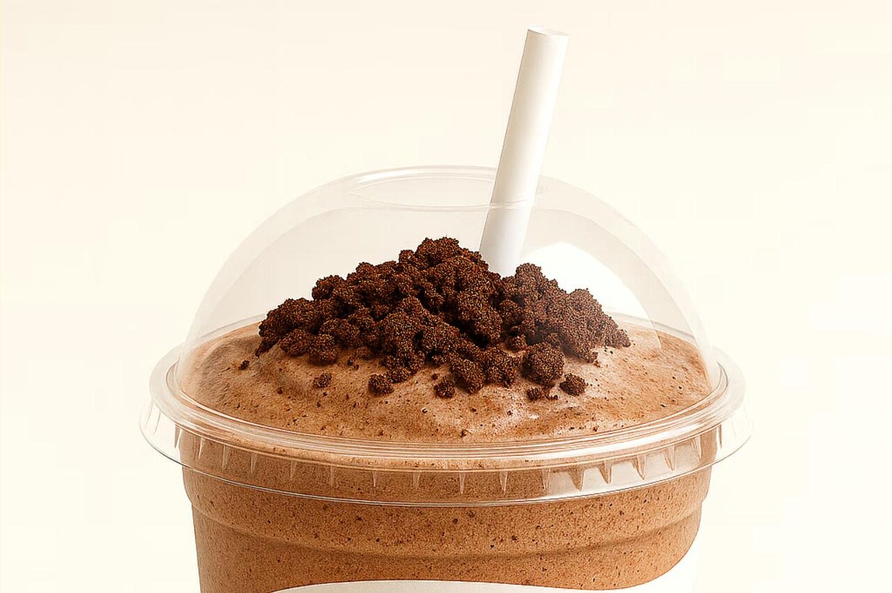 Vaso transparente con malteada de Chocoramo en Frisby España, cubierta con trozos de ponqué y con tapa plástica y pitillo blanco