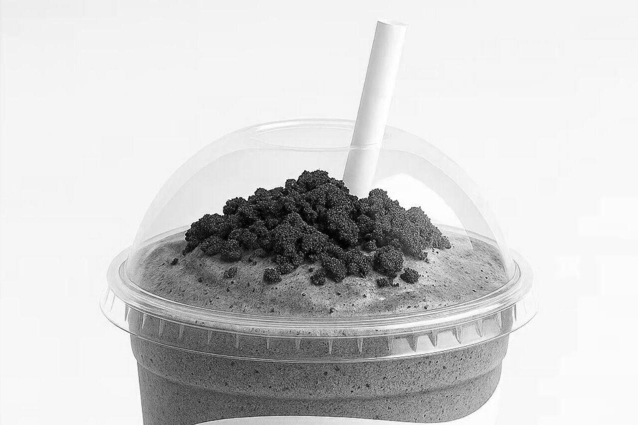 Malteada de chocolate servida en vaso transparente con tapa plástica y pitillo blanco, imagen en blanco y negro representando el producto retirado del menú de Frisby España