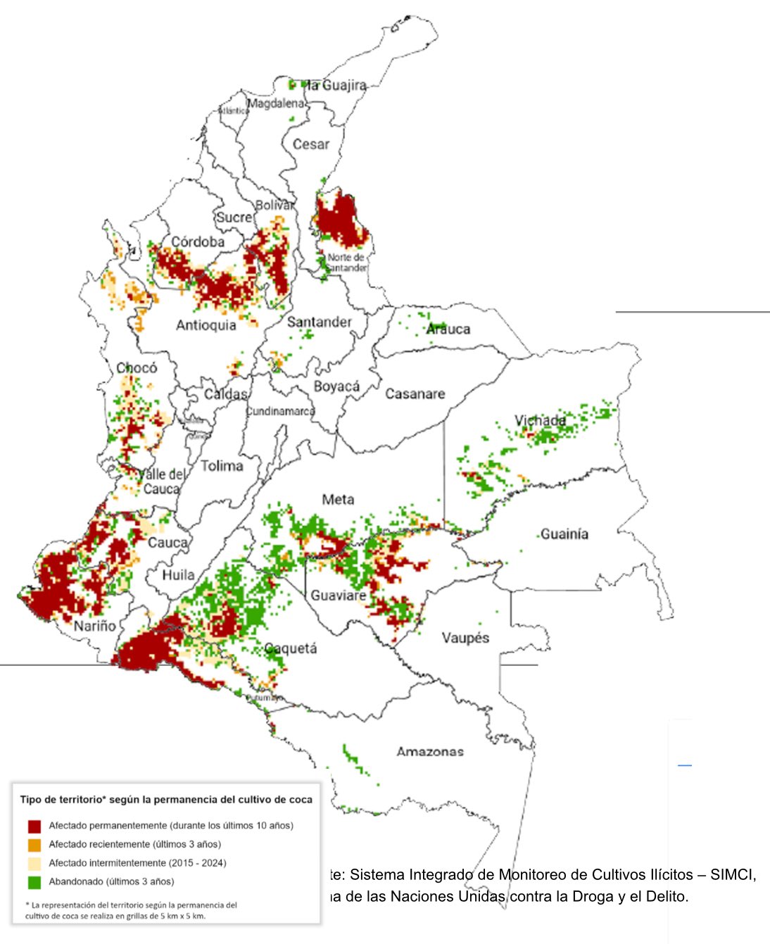 Mapa satelital del SIMCI compartido por Gustavo Petro que ilustra los cultivos de coca abandonados en Colombia, usado como evidencia en su denuncia de un Golpe de Estado