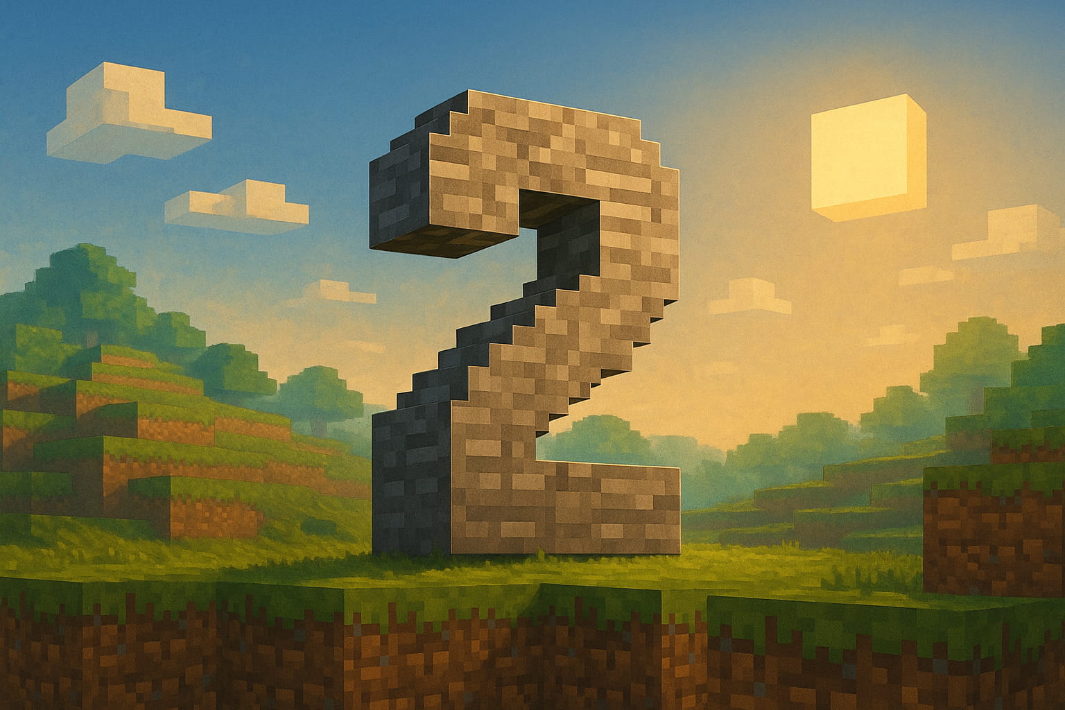 Imagen promocional inspirada en Minecraft 2: un número 2 gigante hecho de bloques pixelados se alza sobre un paisaje cúbico con colinas verdes y cielo azul