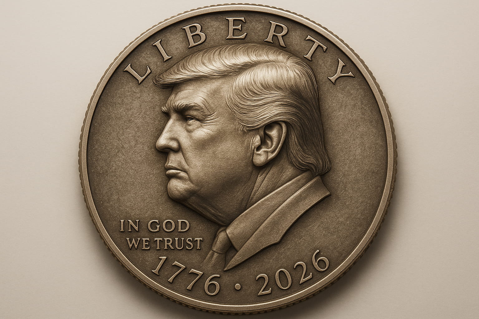 Primer plano de una moneda conmemorativa de un dólar estadounidense que muestra el perfil de Donald Trump en relieve metálico, con las inscripciones “Liberty”, “In God We Trust” y “1776–2026”