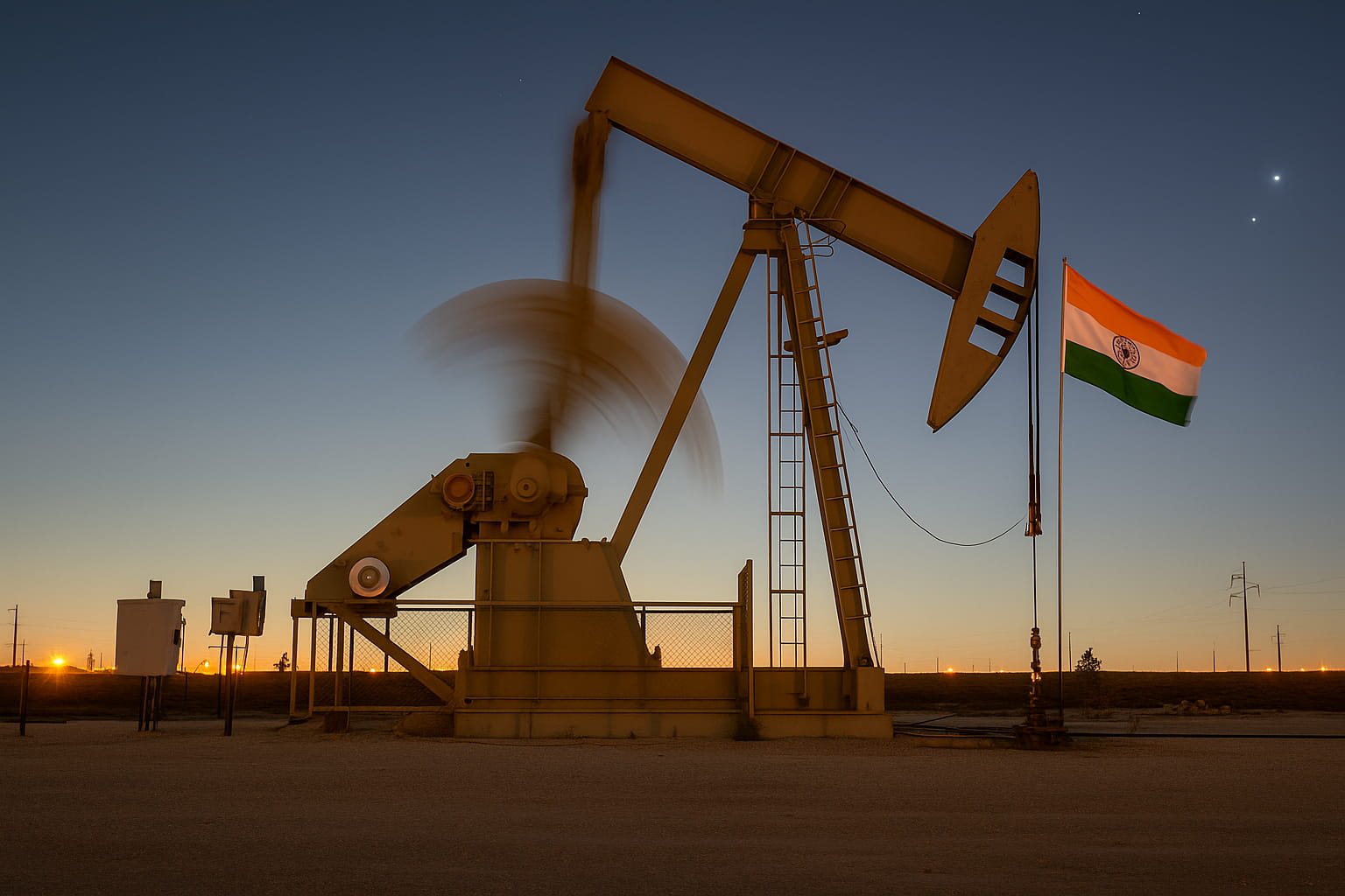 Bomba extractora de crudo en funcionamiento al anochecer, con la bandera de India ondeando al fondo, símbolo de la relación entre India y el petróleo ruso